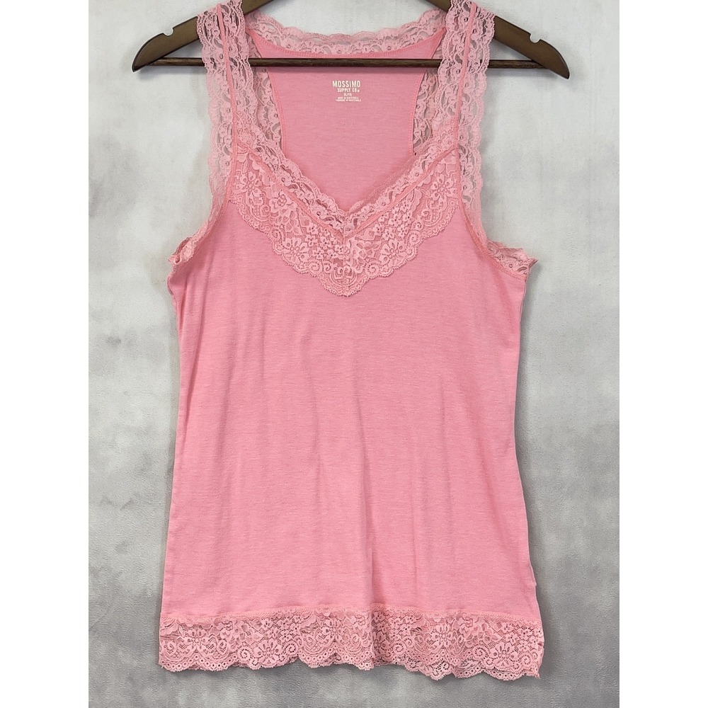 Y2K Mossimo Lace Trim Tank Top Womens XL Pink Stretch Coquette Balletcore Girly